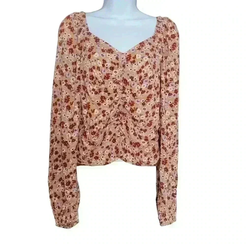 Sophie Rue Cropped Long Sleeve Brown Floral Blouse Nwt  Size L